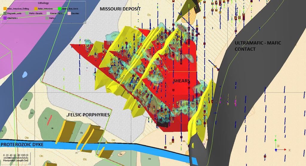 Figure 3: Missouri Deposit Plan view of new geological model (red planes define