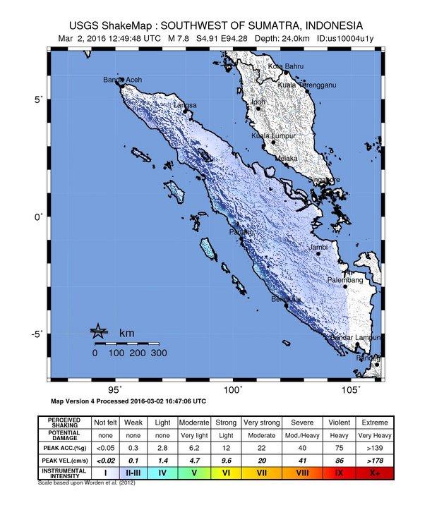 Earthquake hazard map Moderate (IV) shaking was felt in some of the Sumatran coastal regions closest to the epicenter. Otherwise Slight (III) shaking was felt in the rest of the surrounding region.