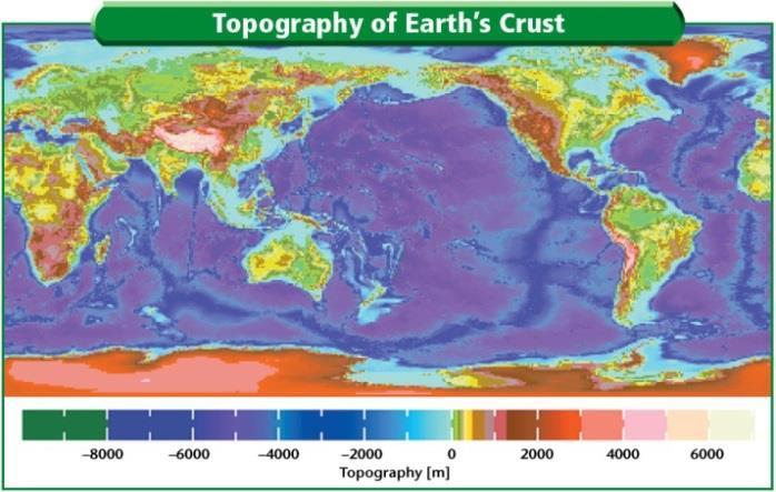 Most of Earth s elevations cluster around two main elevation modes: 0 to 1 km above sea level and 4 to 5 km below sea level.