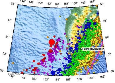 The epicenter of this deep earthquake is shown by the red star on a map of regional seismicity between 1990 and November 2008. Also in the Sea of Okhotsk, a magnitude 7.