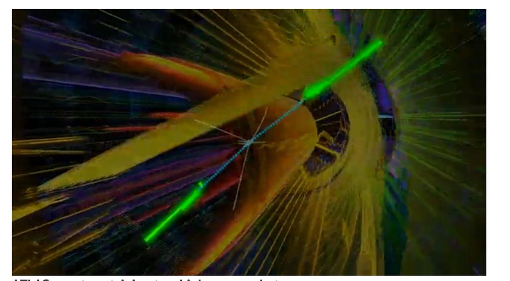 A Higgs boson candidate decaying into two photons The animation shown in the video lecture is an example of a Higgs boson candidate decaying into two photons.