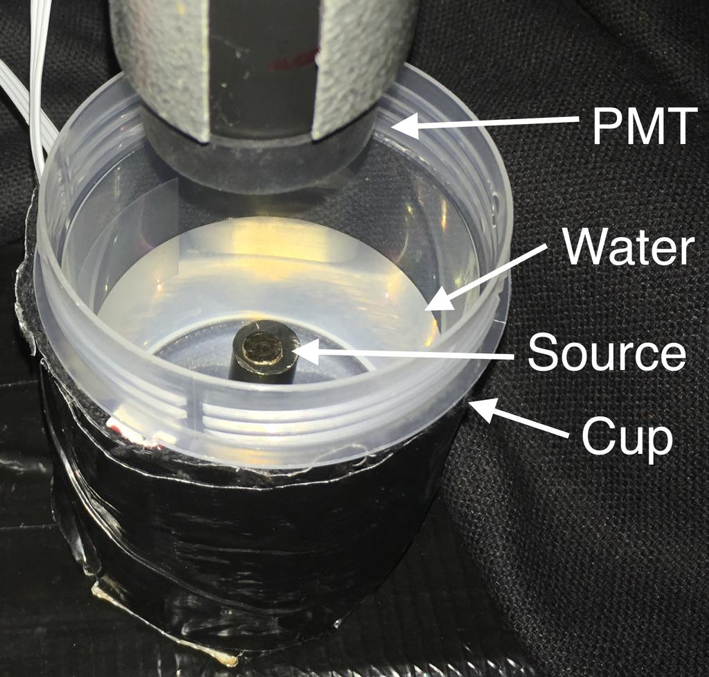 Figure 1: Photograph of the setup for measuring the luminescence yield of ice (left) and water (right). The distance from PMT to sample surface was increased to take the picture.
