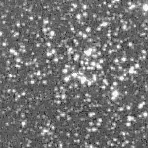 Figure 1: Image of NGC 559 from the famous (but low resolution) digital sky survey, available on the web. The photometric reference star #33 is at center, marked with a + symbol. It has B=12.