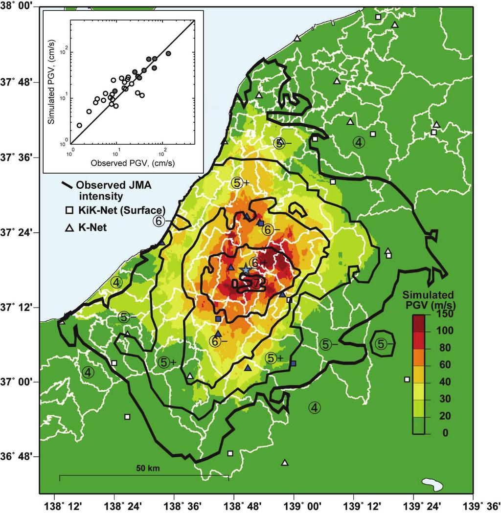 ESG2006, Grenoble, 30/08-01/09/2006 Figure 6. Simulated PGV values of the 2004 Niigata-ken Chuetsu earthquake (color scale).