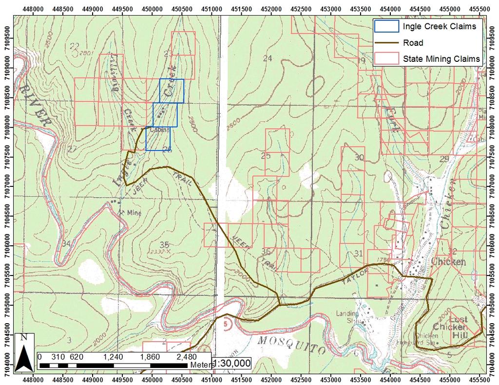 Ingle Creek claims in blue showing close access to Taylor Highway just west of the town of Chicken. Other existing claims are in red.