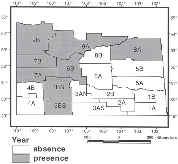 42 Prairie Perspectives Figure 5: Crop districts where the year-of-harvest was included in the model. et al. 1997), since higher mean temperatures in July put additional moisture stress on the crop.