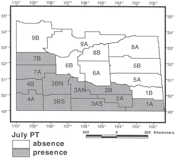 48 Prairie Perspectives Figure 6: Crop districts where the July PT variable was included in the model. the PT and crop yields likely arises through its effect on July and August precipitation.