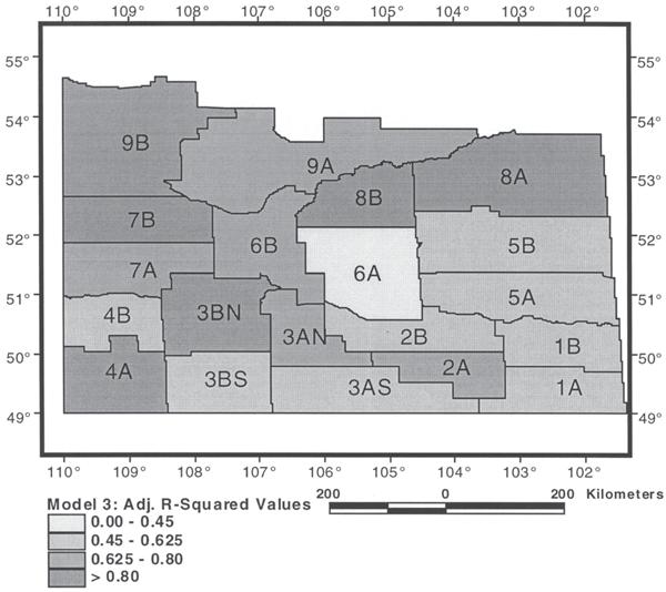 Prairie Perspectives 55 Figure 14: Long-range crop forecasting model: adjusted R 2 values for Saskatchewan crop districts. provides a better opportunity for the accurate prediction of crop yields.
