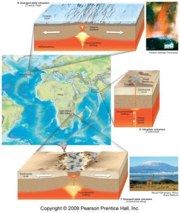 cores of mountains, like Sierra Nevada Batholith V. Plate tectonics and igneous activity A. Where are volcanoes located? 1. subduction zones, Especially around the Pacific Ring of Fire. 2.