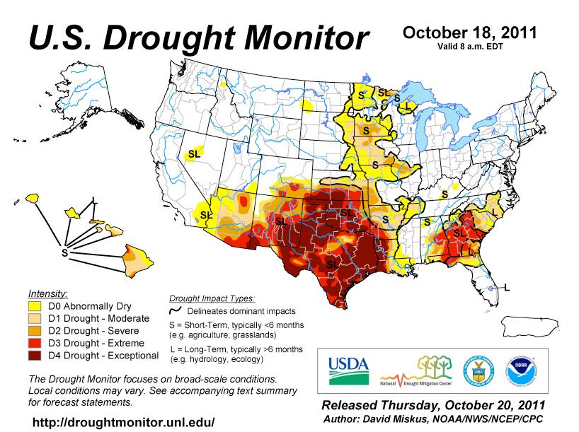 Figure 5. Example map of the U.S. Drought Monitor from the drought assessment issued for the week preceding October 18, 2011.
