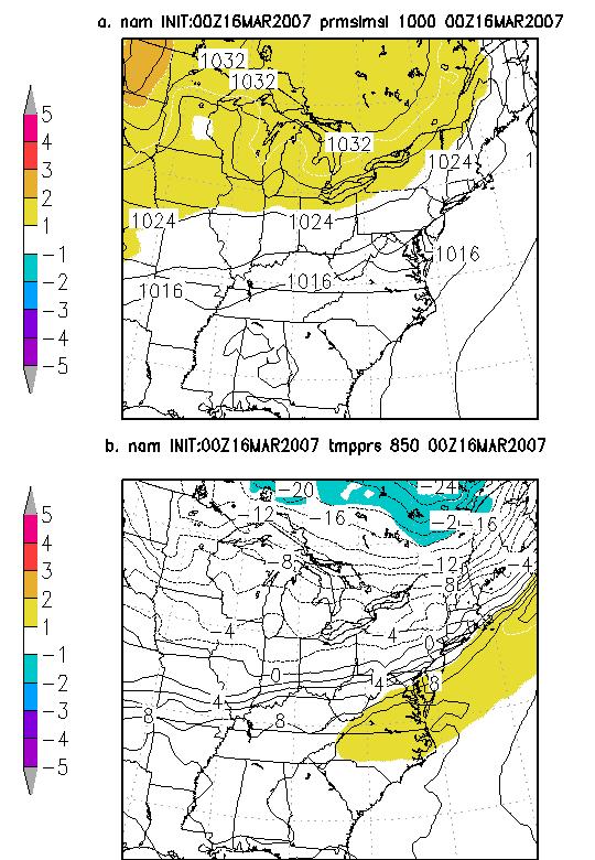 Figure 2 NAM 00-hour forecasts initialzied at 0000 UTC 16 March 2007 showing a) mean sea level pressure (hpa) and anomalies (shaded), b) 850 hpa temperatures (C ) and anomalies, c) 850 hpa winds and