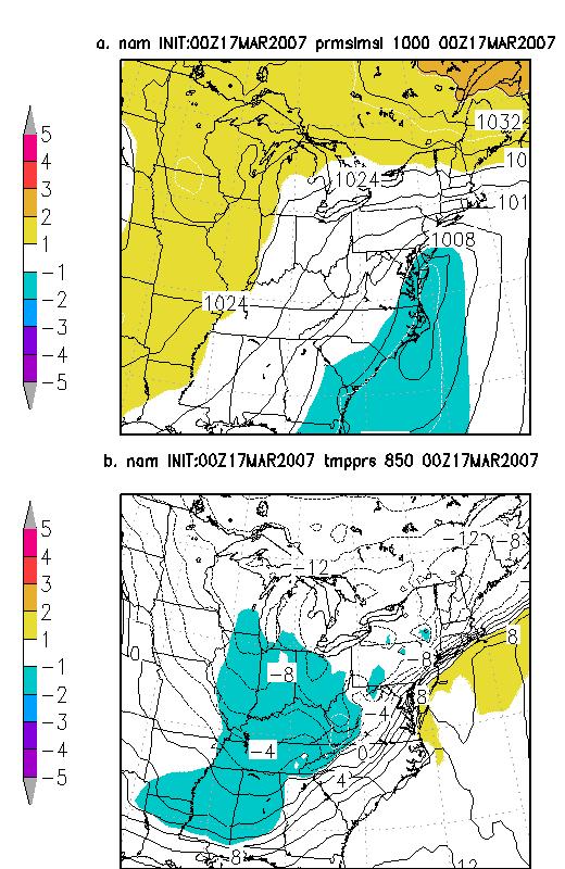Figure 4 As in Figure 2 except NAM 00-hour forecasts valid at 0000 UTC 17 March 2007. Model and EPS data were retrieved in near real-time from NCEP and archived for re-display using GrADS.