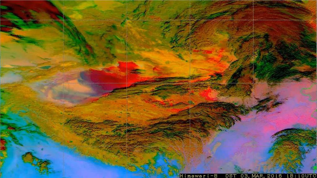 Dust storm traveling over Mongolia and China, March 2016 by Himawari 8 DustRGB.