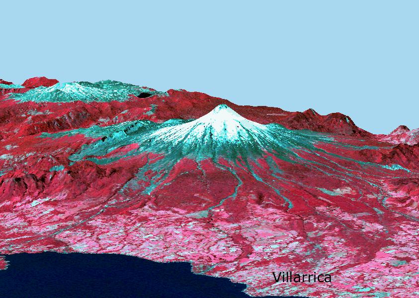 Figure 1. 3D view of Volcan Villarrica (Chile) showing the extent of the volcanic debris flow. A snow-free summit can be observed atop the volcano due to the presence of an active lava lake.