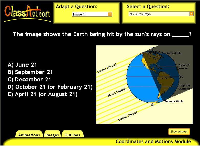The Sun s Rays Key Concept: The Seasons Secondary Concepts: Equinox and Solstice Description: An image is displayed that depicts the Earth being hit by the Sun s rays at a given time during the year.
