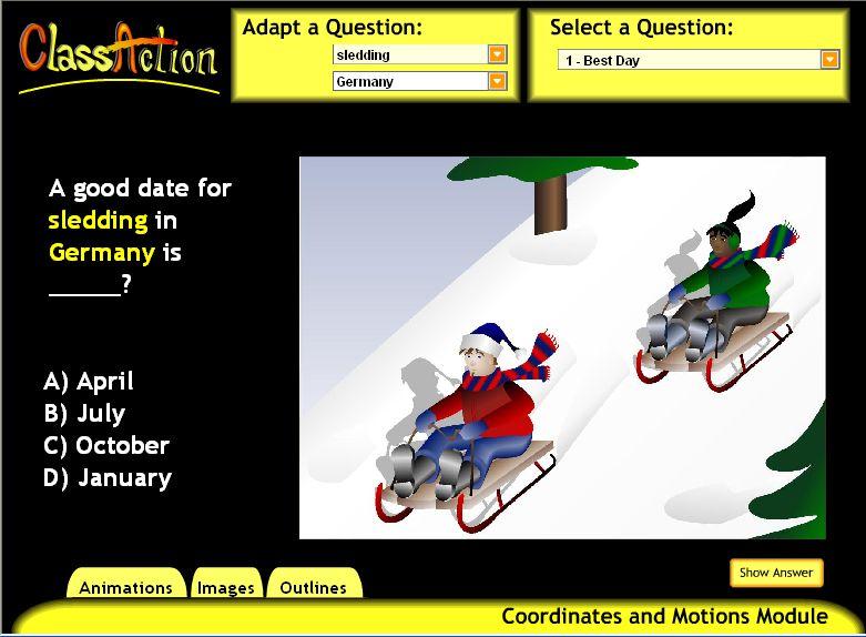 Sledding or Going to the Beach Key Concept: The Obliquity of the Earth Secondary Concepts: The Seasons; Coordinates on the Earth; Geography Description: The image displays people as either sledding