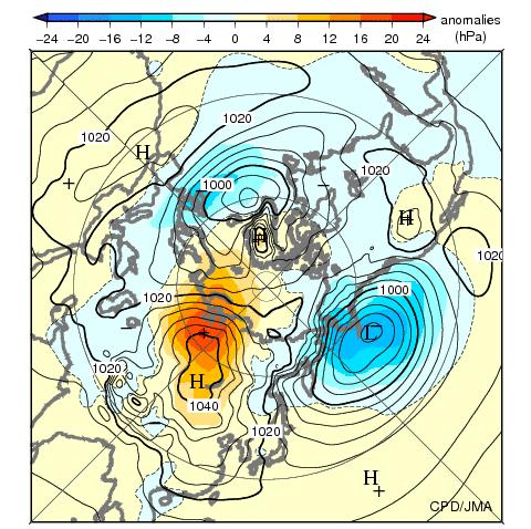 The shading indicates its anomalies. Fig. 2.3-5 Three-month mean 850-hPa temperature and anomaly (December 2015 February 2016) The contours show 850-hPa temperature at intervals of 4 o C.