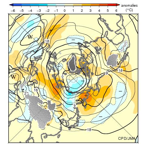 Clear positive anomalies around the Kamchatka Peninsula and negative anomalies to the southeast of Japan were seen in August (Fig. 2.3-17).