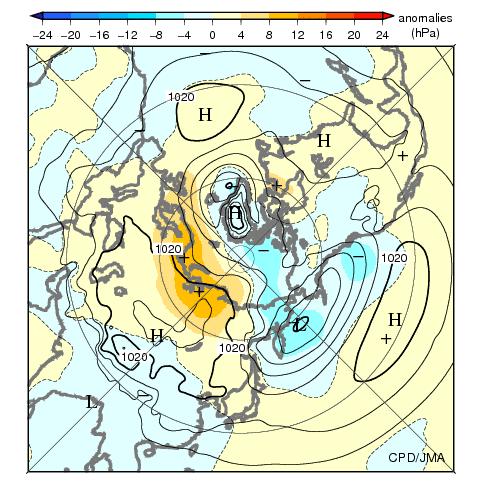 3-18), clear positive anomalies were seen over the eastern hemisphere side of the polar region and the eastern part of North America, and negative anomalies were seen over the