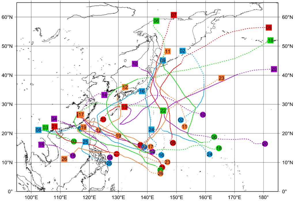 Fig. 2.4-19 Tracks of tropical cyclones in 2016 The lines indicate the tracks of tropical cyclones with maximum wind speeds of 17.2 m/s or higher.