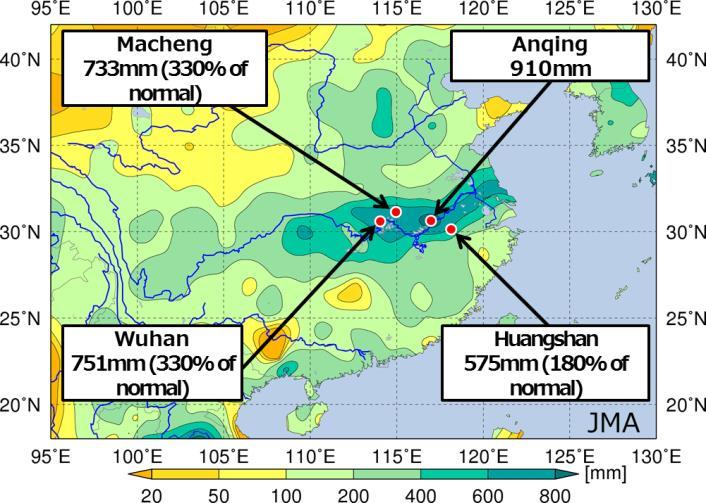 Red dots denote stations recording the three highest precipitation amounts for the 30-day period (Anqing, Wuhan and Macheng) and the highest amount for April 1 to July 24 (Huangshan).