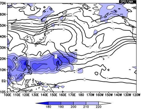 Fig. 3.2-11 Time-series representation of OLR (unit: W/m 2 ) averaged over the area to the southeast of Japan (150 170 E, 10 30 N) for August from 1979 to 2016 Fig. 3.2-14 Monthly mean sea level pressure (contours at intervals of 4 hpa) and anomalies (shading) for August 2016 Fig.