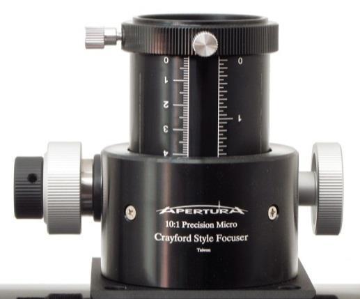 10:1 Precision Micro Crayford Style Focuser Your Apertura Dobsonian Telescope comes standard with a Dual-Speed 10:1 focuser. It is pictured here with the drawtube fully extended.