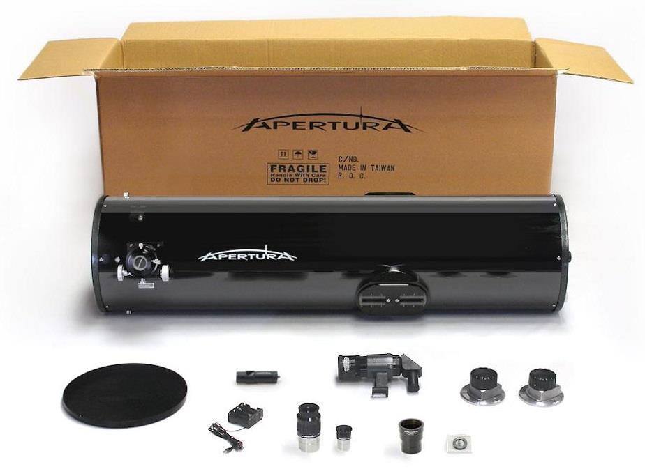Unpacking your Apertura Dobsonian Telescope Parts list: Optical Tube Box (package 1 of 2) Dobsonian optical tube 8x50 90-degree right-angle finderscope Plastic tube cover Laser
