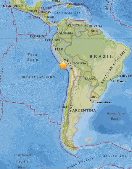 A magnitude 7.1 earthquake has occurred offshore Peru. The earthquake struck just after 4 a.m. local time and was centered near the coast of Peru, 40 km (25 miles) south-southwest of Acari, Peru at a depth of 36.