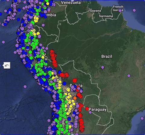 Earthquakes are colorcoded by depth as shown by the legend in the lower left corner.
