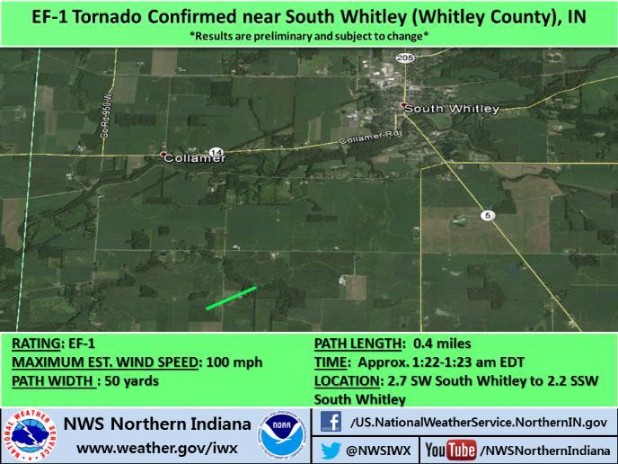 THE TORNADO DISSIPATED IN A GROVE OF TREES JUST WEST OF CR 400E. Whitley County Tornado RATING: EF-1 MAX WIND SPEED: 100 mph PATH WIDTH : 50 yards PATH LENGTH: Approx. 0.4 miles TIME: Approx.