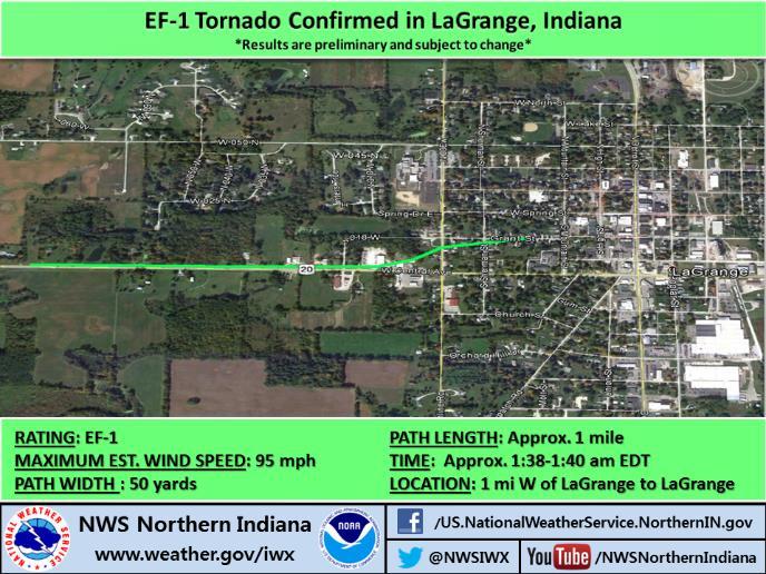 LaGrange Tornado Path Map Description TING: EF-1 MAX WIND SPEED: 95 mph PATH WIDTH : 50 yards PATH LENGTH: Approx 1 mile TIME: Approx.