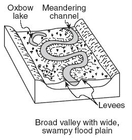 flood plains develop (where the excess water goes when the river overflows) Old Age - land is almost flat - levees form - a place around a stream where