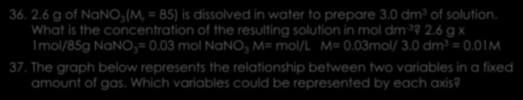 Solutions 36. 2.6 g of NaNO 3 (M r = 85) is dissolved in water to prepare 3.0 dm 3 of solution. What is the concentration of the resulting solution in mol dm -3? 2.6 g x 1mol/85g NaNO 3 = 0.