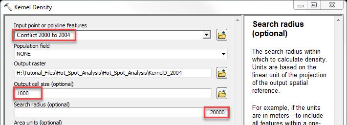 3. Enter the values below for the various parameters navigate to the Hot_Spot_Analysis folder to save your