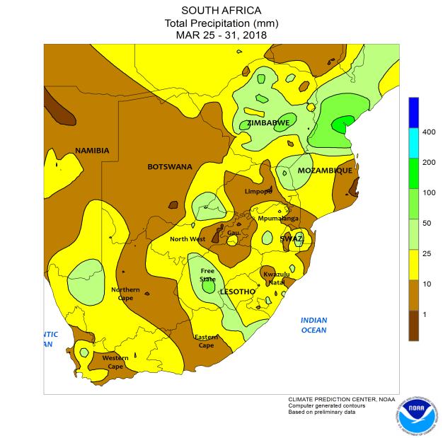 A frequent rain pattern will evolve for central and eastern South Africa April 11 17 while the western production areas generally receive little to no