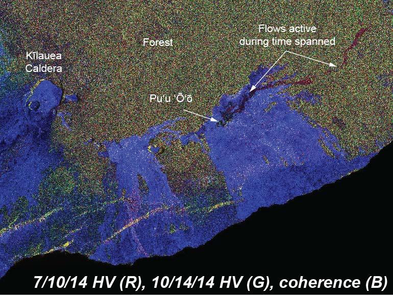 Figure 2. This false-color image integrates RADARSAT-2 cross-polarized (HV) data from July 10, 2014 (red), and October 14, 2014 (green), with a coherence map spanning the two time periods (blue).