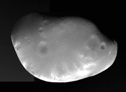 Deimos ~16km x 10km with large 2.3km wide crater. Circular, equatorial orbit of 23,457 km (~7 Mars radii) Sidereal Period 30hrs 18mins.