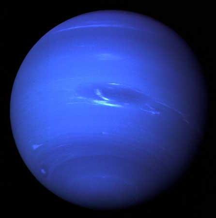 Neptune Also blue due to methane in the atmosphere One revolution takes ~165 years Several large storm systems similar
