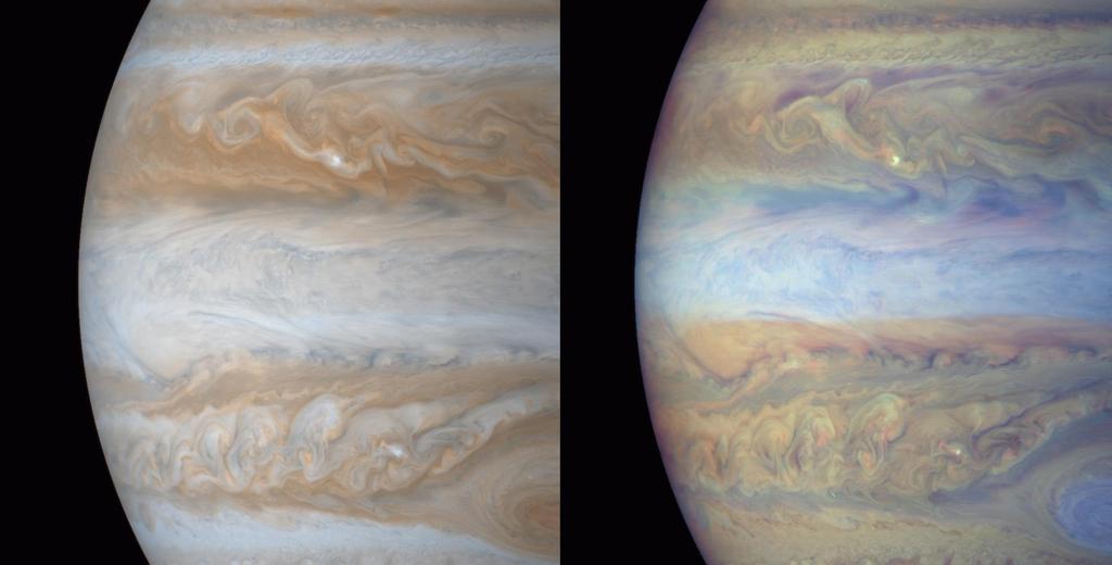 Cassini image of Jupiter, 12/31/00, in true color on the left and in false color on the right. Color on the right denotes the height of the clouds. Red regions are deep water clouds.