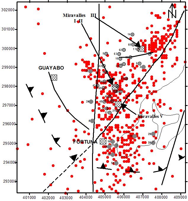 Moya and Taylor 8 Seismicity at Miravalles FIGURE 6: Location of the earthquakes (red dots) during the third period (Units 1, 2 and 3) at the Miravalles geothermal field; the symbols have the same