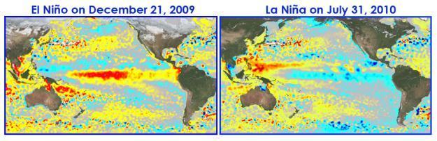 Red, orange, and white indicate areas where the sea surface height anomalies are higher than normal. Cyan, blue, and violet indicate sea surface height anomalies less than normal.