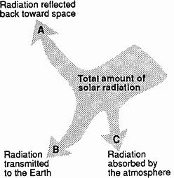 26. The diagram below indicates the amount of solar radiation that is reflected by equal areas of various materials on Earth's surface. Which material absorbs the most solar radiation?