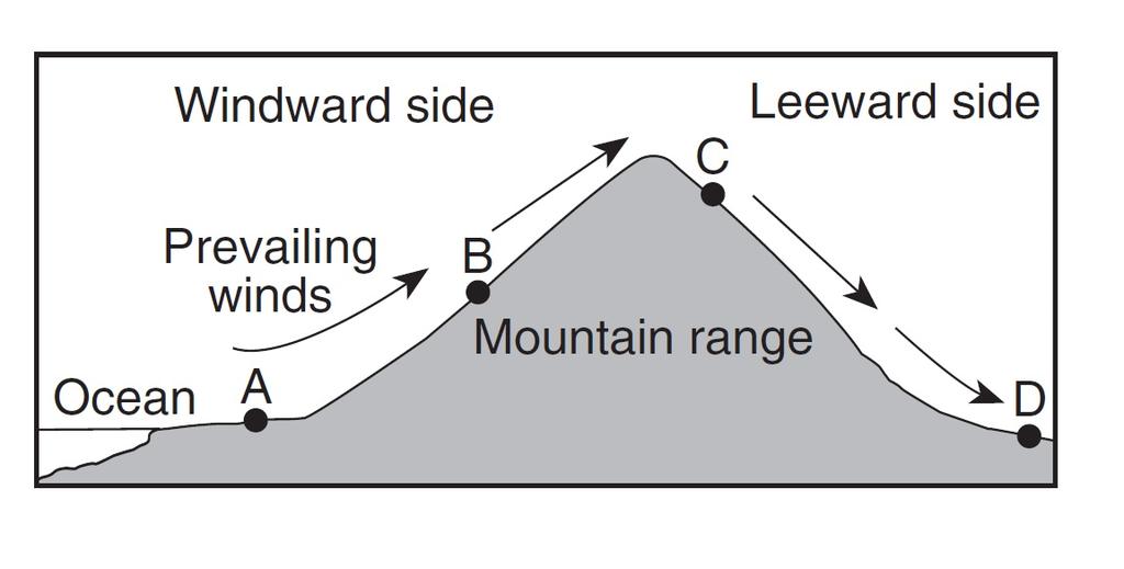 14. The cross section below represents prevailing winds moving over a coastal mountain range.