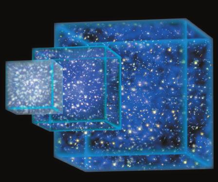 Birth of the Universe: The expansion of the universe began with the hot and dense Big Bang. The cubes show how one region of the universe has expanded with time.