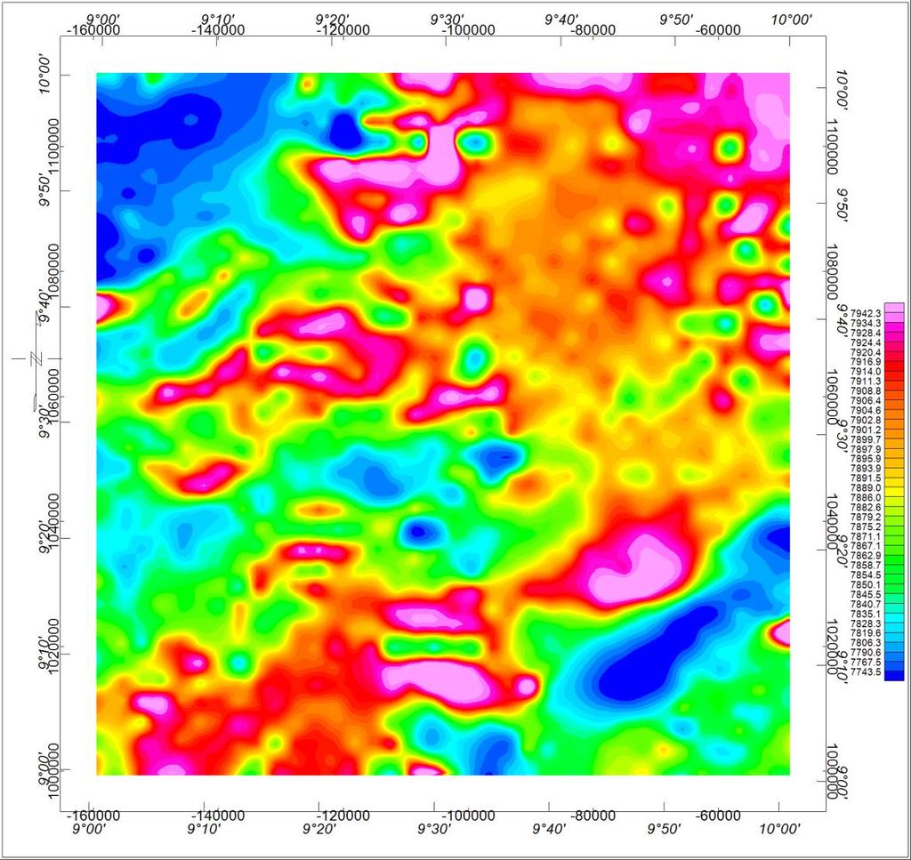 Fig 3.Colour Shaded Map of the Total Magnetic Field Intensity (TMI) Anomalies over the Study Area. (To obtain the Actual TMI values, 25,000 nt are to be added to the Values Shown in the Key).