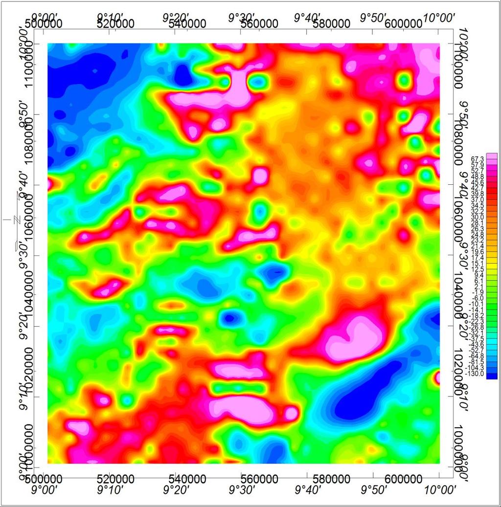 Figure 4. Colour Shaded Map of the Residual Magnetic Field Intensity Values over the Study Area. association with mineralization.