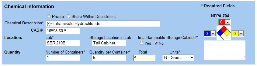 Shared Chemicals You can share your chemical inventory list with other researchers in your department. The shared inventory list will give view only privileges to other researchers.