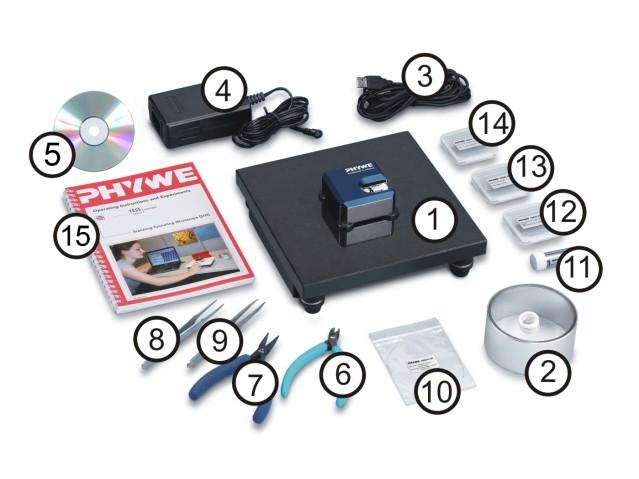 Nanoscale characteristics by PHYWE Compact-STM set 1 Control unit with mounted scan head (1) 1 Magnifying cover glass (10X Magnification) (2) 1 USB cable (3) 1 Power cord and adapter (4) 1