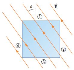Problem2. (15 points) The figure below represents the top view of a cubic gaussian surface in a uniform electric field = 1 N/C oriented parallel to the top and bottom faces of the cube.